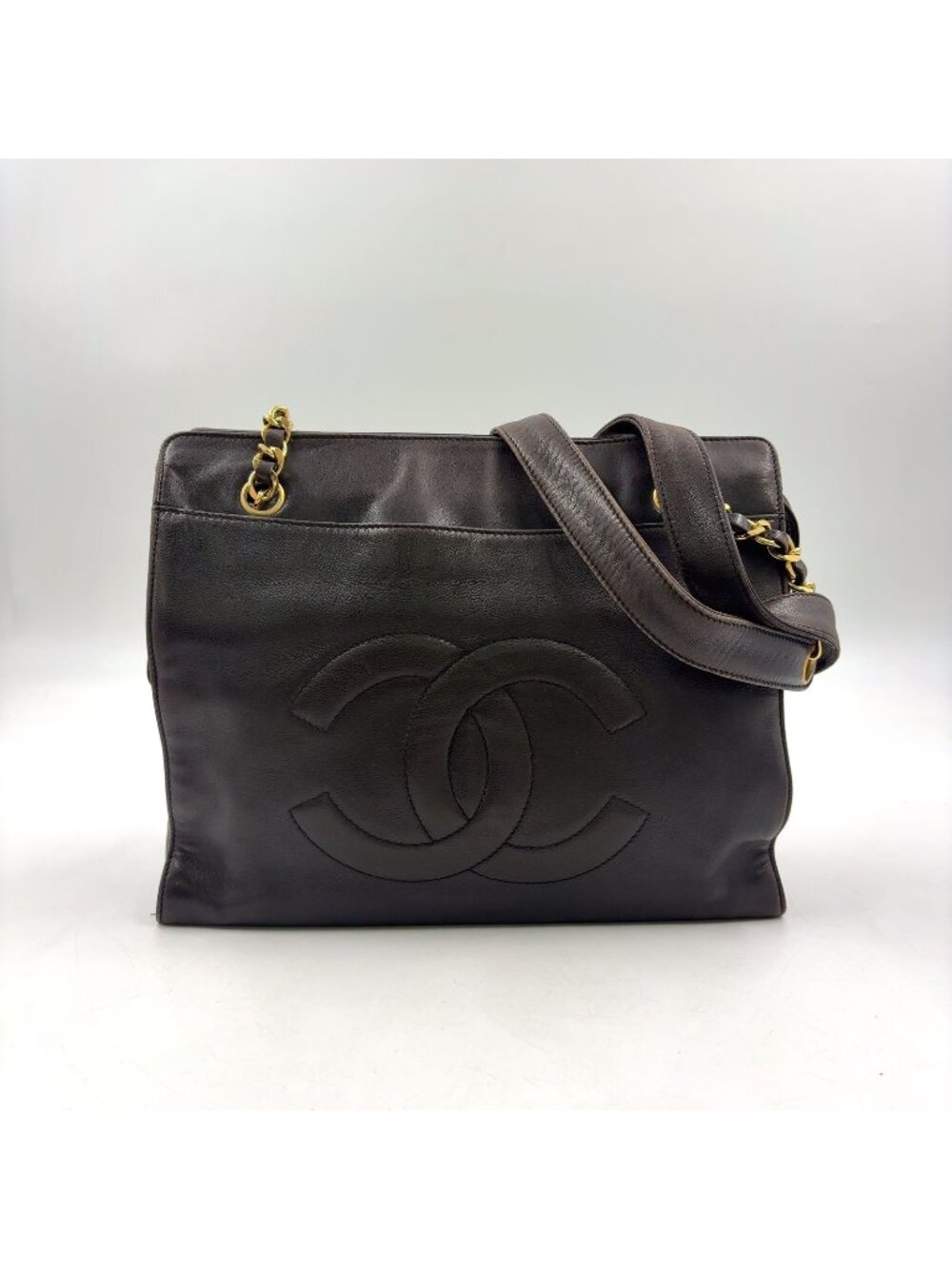 Chanel CC Logo Chain Lambskin Dark Brown Tote Bag Gold